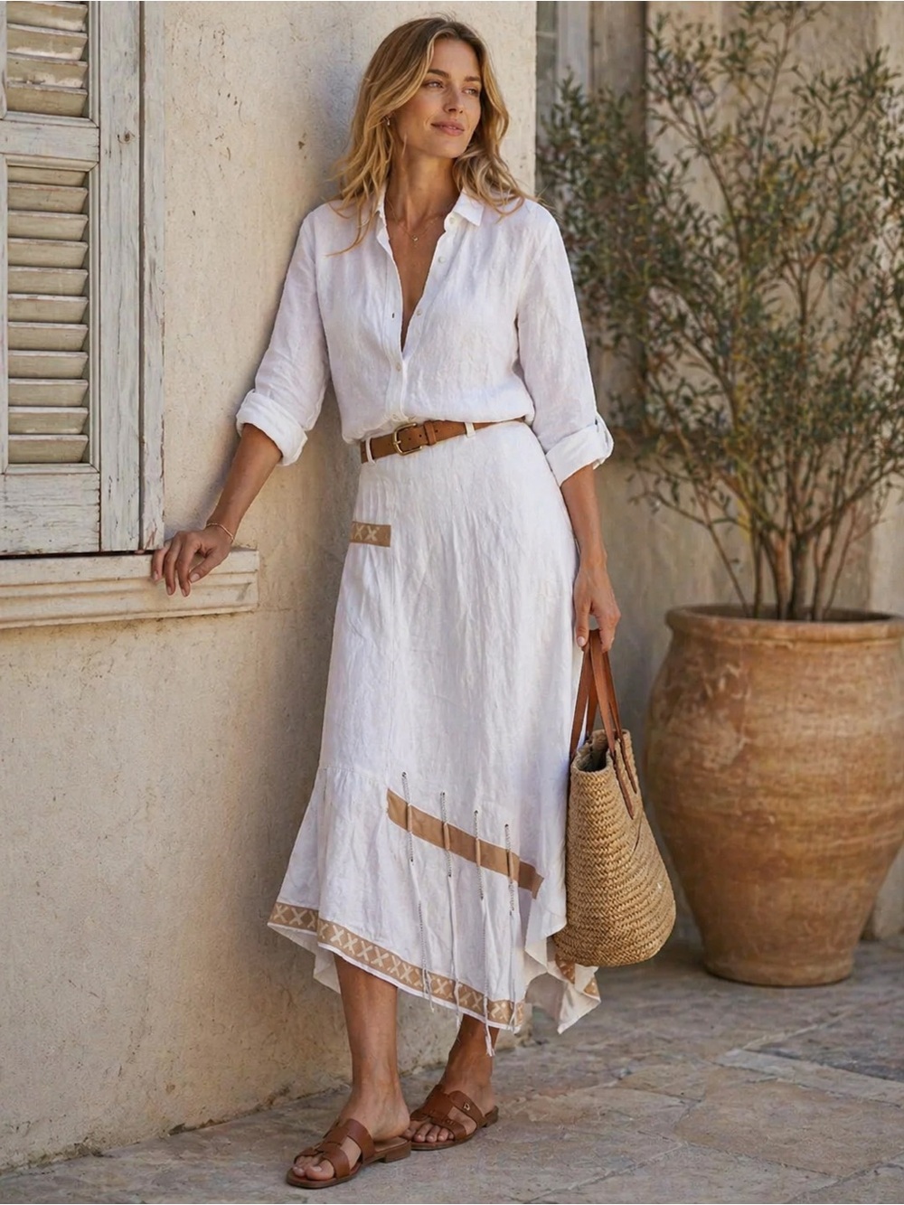 Summer Linen Midi Skirt Animale 12 Asymmetric Ruffle Artisan White